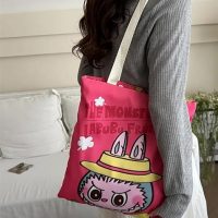 Large-Capacity Labubu Nylon Tote Bag with Straw Hat Print