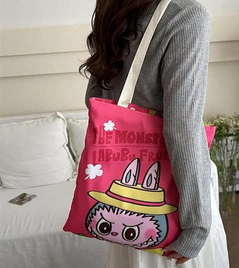 Large-Capacity Labubu Nylon Tote Bag with Straw Hat Print
