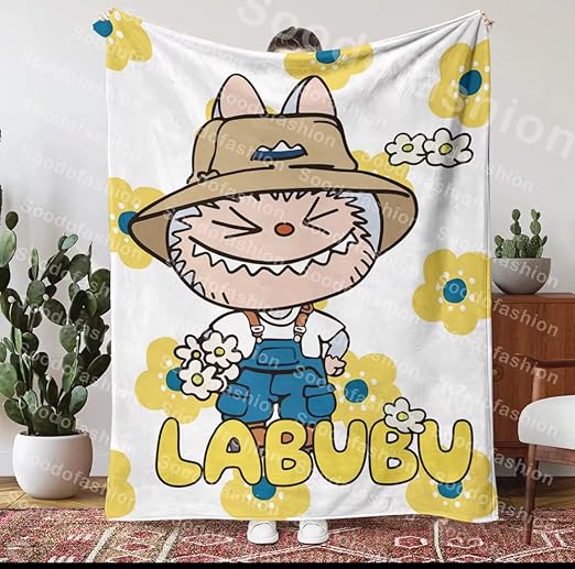 Labubu Fleece Throw Blanket — Yellow Floral & Blue Accent