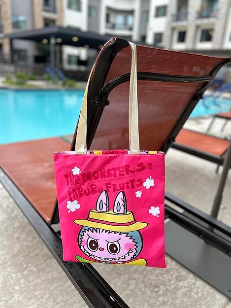 Large-Capacity Labubu Nylon Tote Bag with Straw Hat Print - Image 3