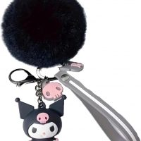 haracter Plush Pom Pom Keychain, Black Fluffy Ball with Pink Accents